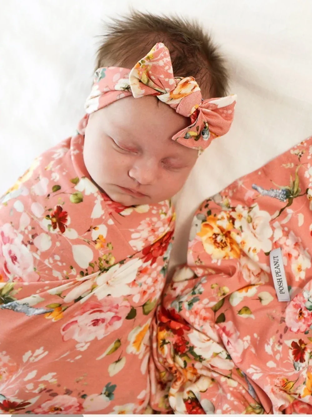 Posh Peanut Coral Pink Floral Swaddle and Bow Headband Set